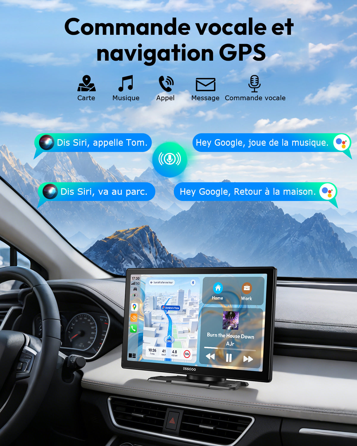 ESSGOO Écran intelligent automobile portable sans fil 9 pouces, CarPlay sans fil et Android Auto avec affichage fluide 60 i/s, Grand écran IPS HD 1024 x 600, Bluetooth, Wi-Fi