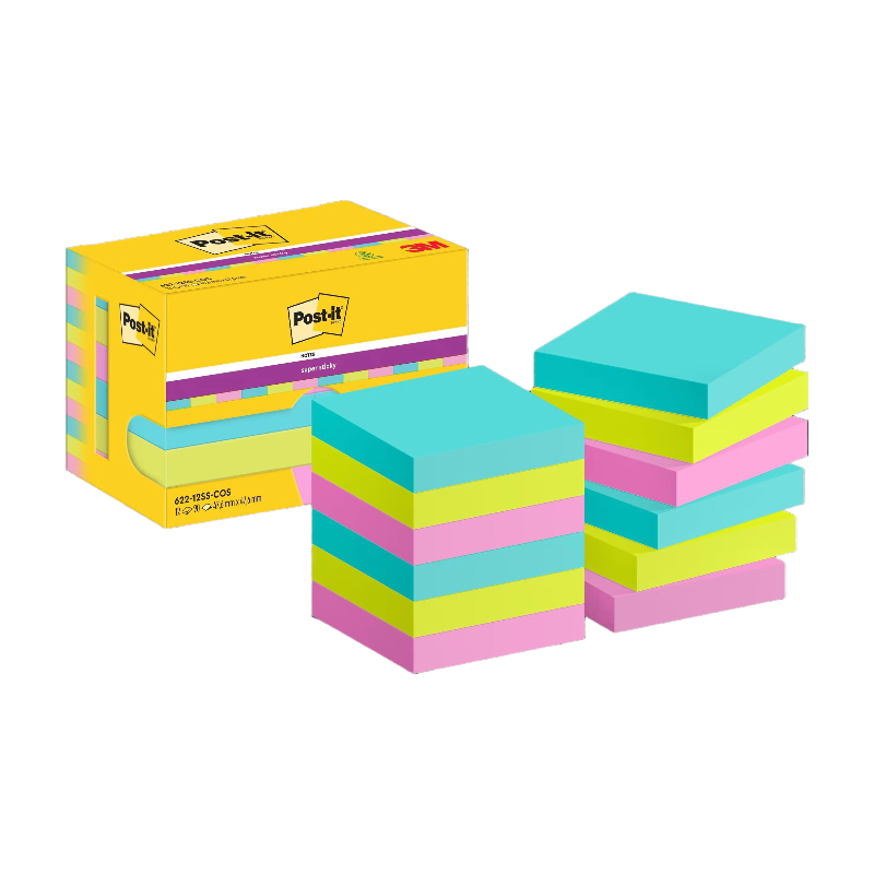 Post-it Notes super adhésives, collection de couleurs cosmiques, 47,6 mm x 47,6 mm, 90 feuilles/feuille, 12 pads/lot, emballage en carton, 100 % PEFC, SGSCH-PEFC-COC-110078