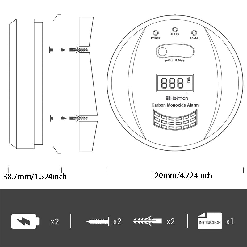 HEIMAN 723ESY Détecteur de monoxyde de carbone avec écran LCD, autonomie batterie 5 ans, capteur 10 ans et bouton test