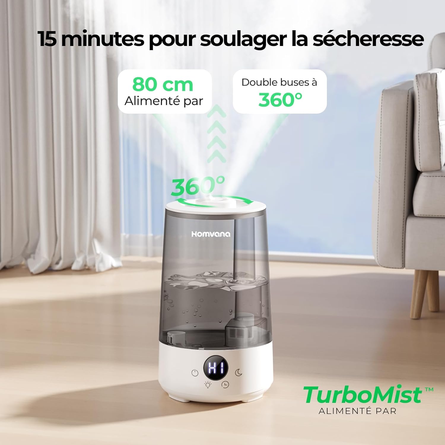 Homvana Humidificateur 3,6 L H101, Gris - Remplissage par le haut, Technologie de pulvérisation silencieuse, Brume fraîche 360°, Autonomie 34 h, Silencieux 16 dB, Sans BPA