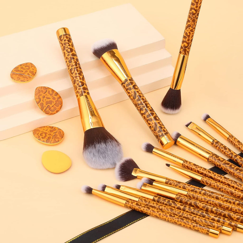 Docolor Coffret Cadeau 14 Pièces Pinceaux de Maquillage Imprimé Léopard Doré