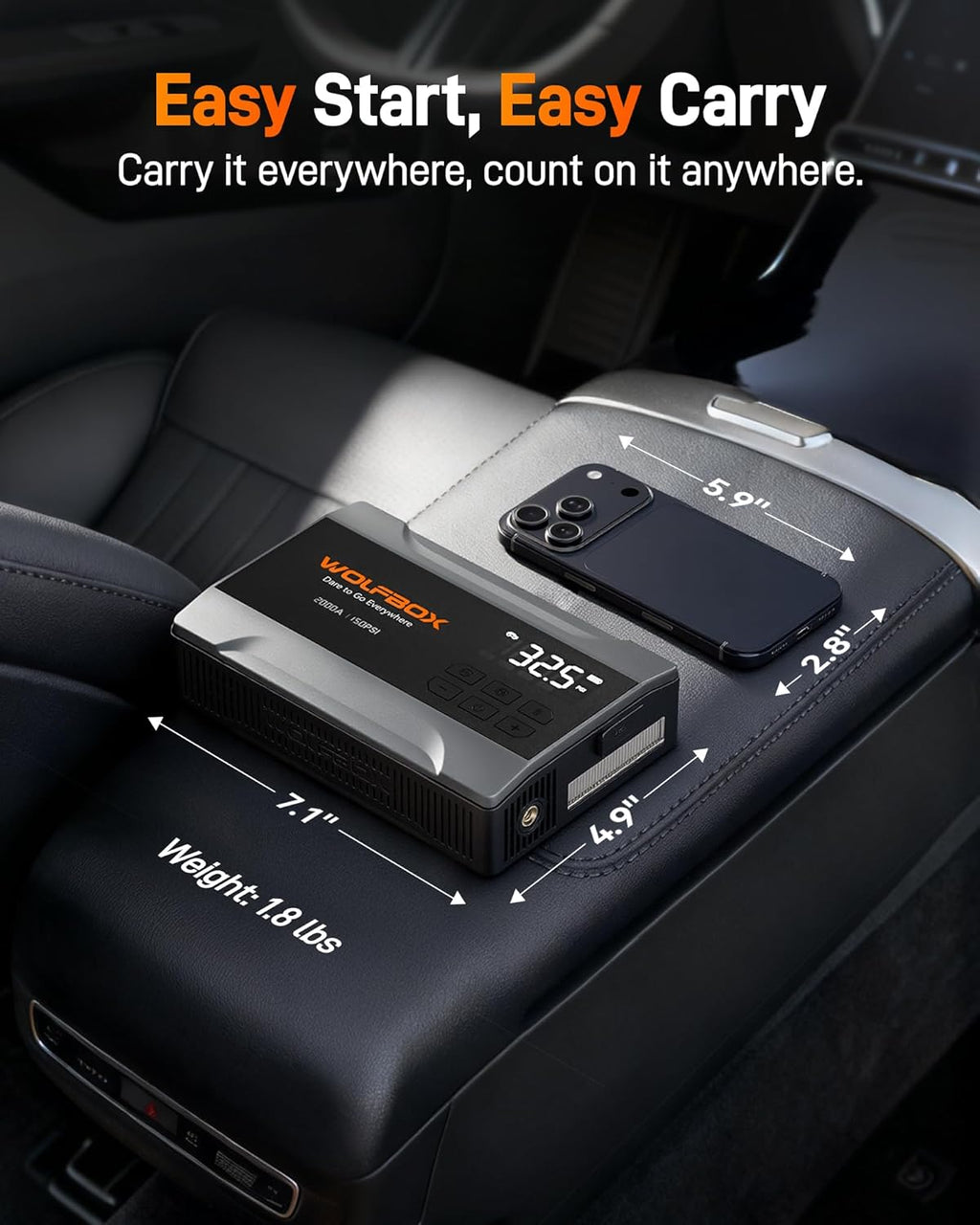 WOLFBOX Booster de démarrage 2000 A avec compresseur d’air, Booster de batterie de voiture portable 37 Wh (jusqu’à moteur essence 5 L) avec gonfleur de pneus 150 PSI