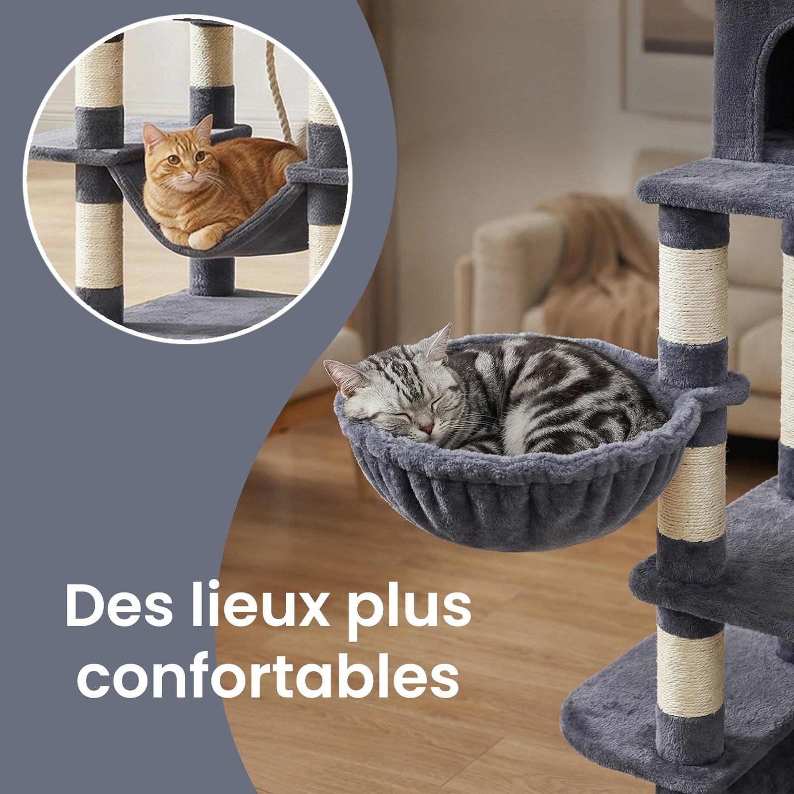 JOYFURNOS Arbre à chat, grande tour pour chat de 168 cm avec 13 poteaux à griffer, 1 rampe à griffer, 2 perchoirs, 2 niches, panier, hamac, pompons, gris fumé