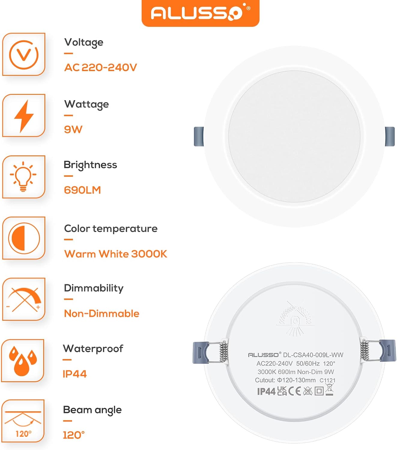 Spots encastrables LED, 230 V, 9 W, IP44, blanc chaud 3000 K, lot de 6