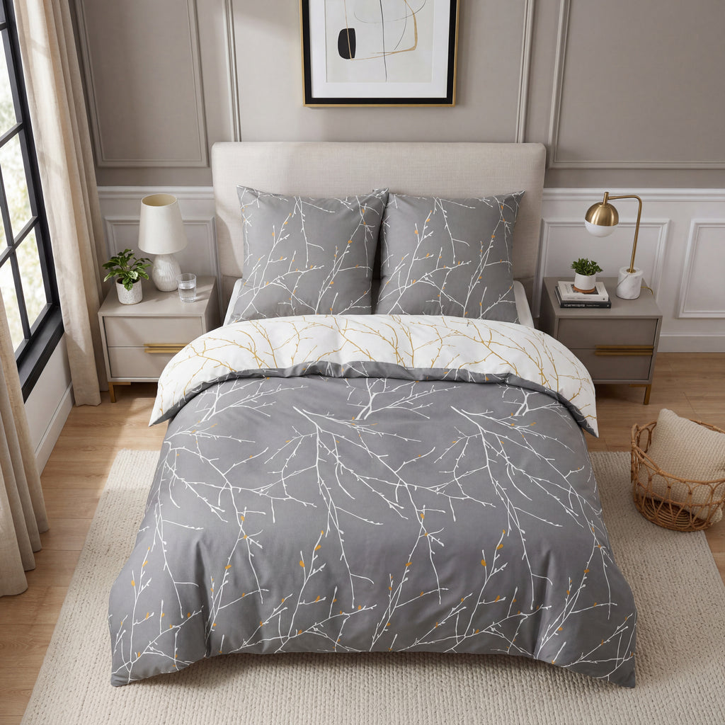 Ensemble avec housse de couette en microfibre et taie d’oreiller de 80 x 80 cm - Design chic et élégant, Microfibre, gris/beige, 200x200cm, 90% Polyester