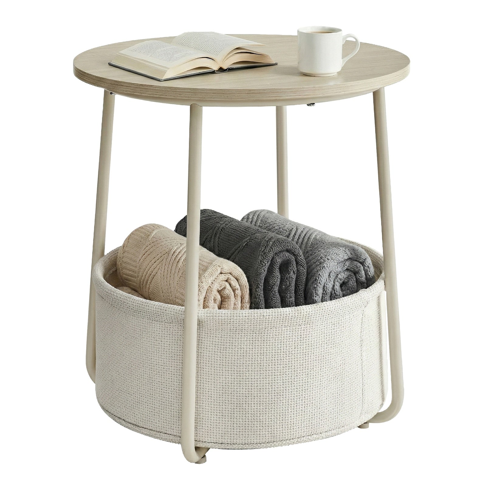 JOYFURNOS x Songmics Table d’appoint ronde 45 x 50 cm avec panier en tissu, pieds en acier, Beige naturel