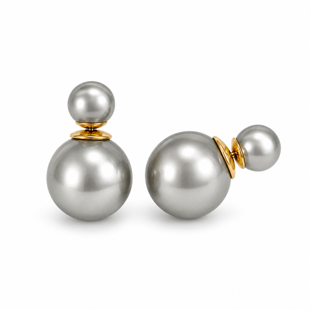 VoxorAI Boucles d'oreilles classiques à double perle Gris foncé avec deux perles des deux côtés Luxe léger Haute couture Nouveautés de niche 6 mm et 14 mm
