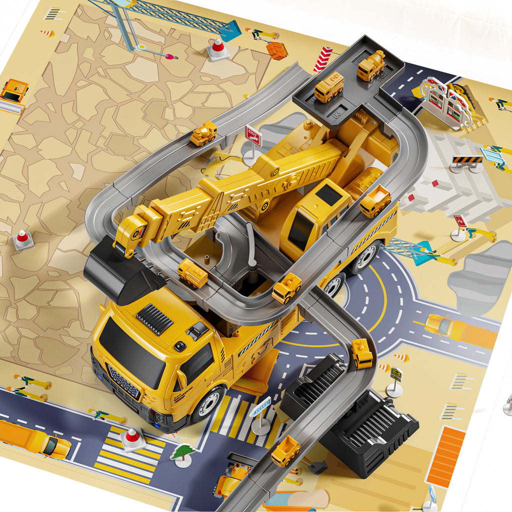 Jouets de camion de construction, camion grue 8 mini voitures de génie en alliage, jouet de pelleteuse pliable avec tapis de jeu et panneaux de signalisation, cadeau de véhicule éducatif