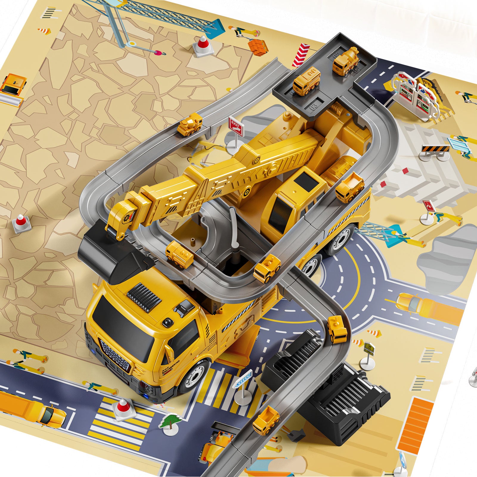 Jouets de camion de construction, camion grue 8 mini voitures de génie en alliage, jouet de pelleteuse pliable avec tapis de jeu et panneaux de signalisation, cadeau de véhicule éducatif
