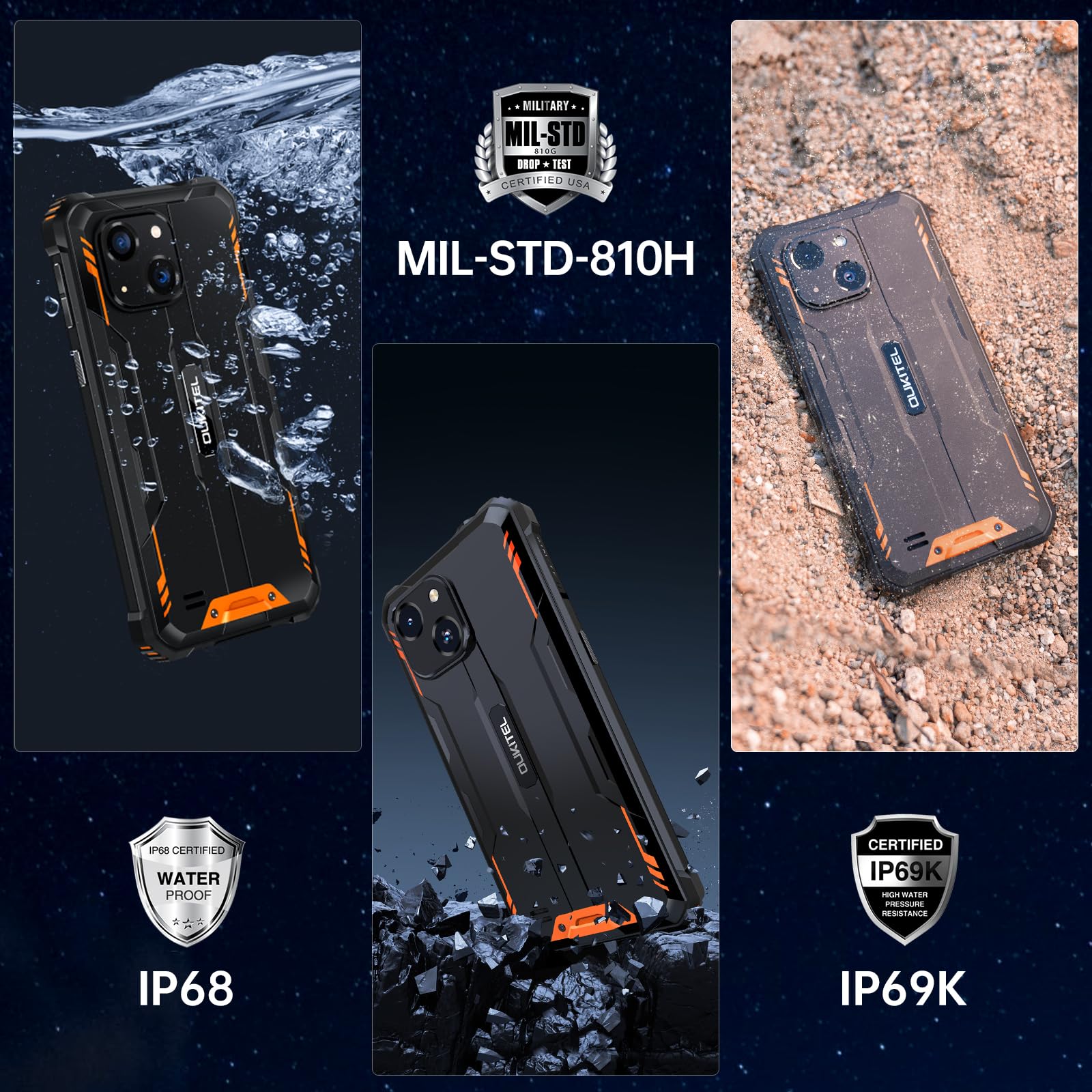 OUKITEL WP32 Android 15 6300 mAh Téléphone Portable Extérieur 12 Go + 128 Go (1 To Extensible) Smartphone Robuste Noir Double SIM, NFC