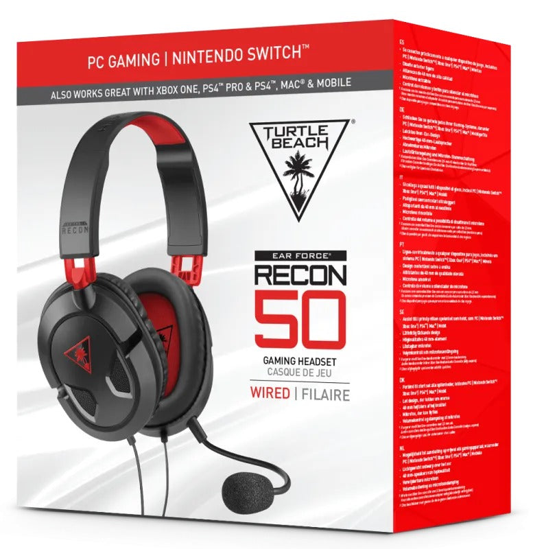 Turtle Beach Casque gaming filaire Recon 50 - PC, PS5, Xbox Series X|S et Switch 2 - Haut-parleurs 40 mm - Micro détachable - Noir et rouge