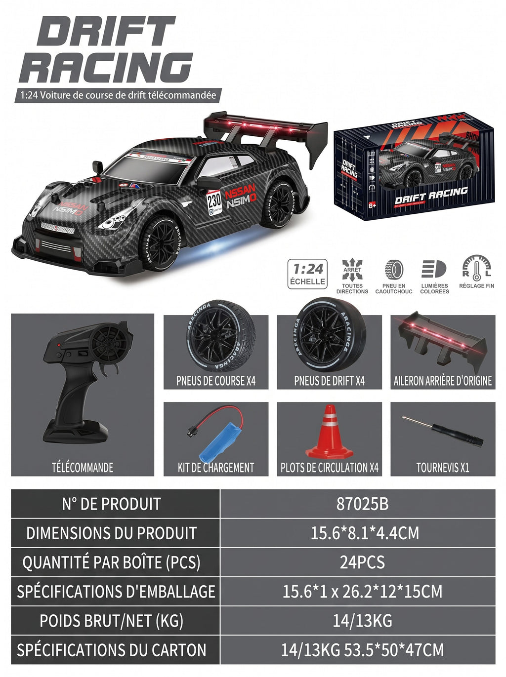 Voiture de Drift RC 4WD GTR 1:24, Vitesse Proportionnelle 2,4 g, Pneus à Double Montage, Châssis à Absorption des Chocs, Jouet de Course Intérieur pour 8 Ans et Plus, One Piece en Noir
