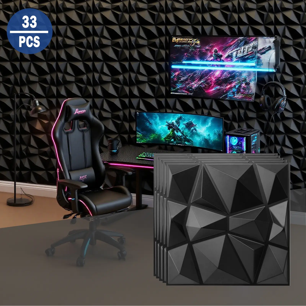Art3d Panneaux muraux 3D Premium à motif diamant - Noir 30 x 30 cm (Lot de 33)