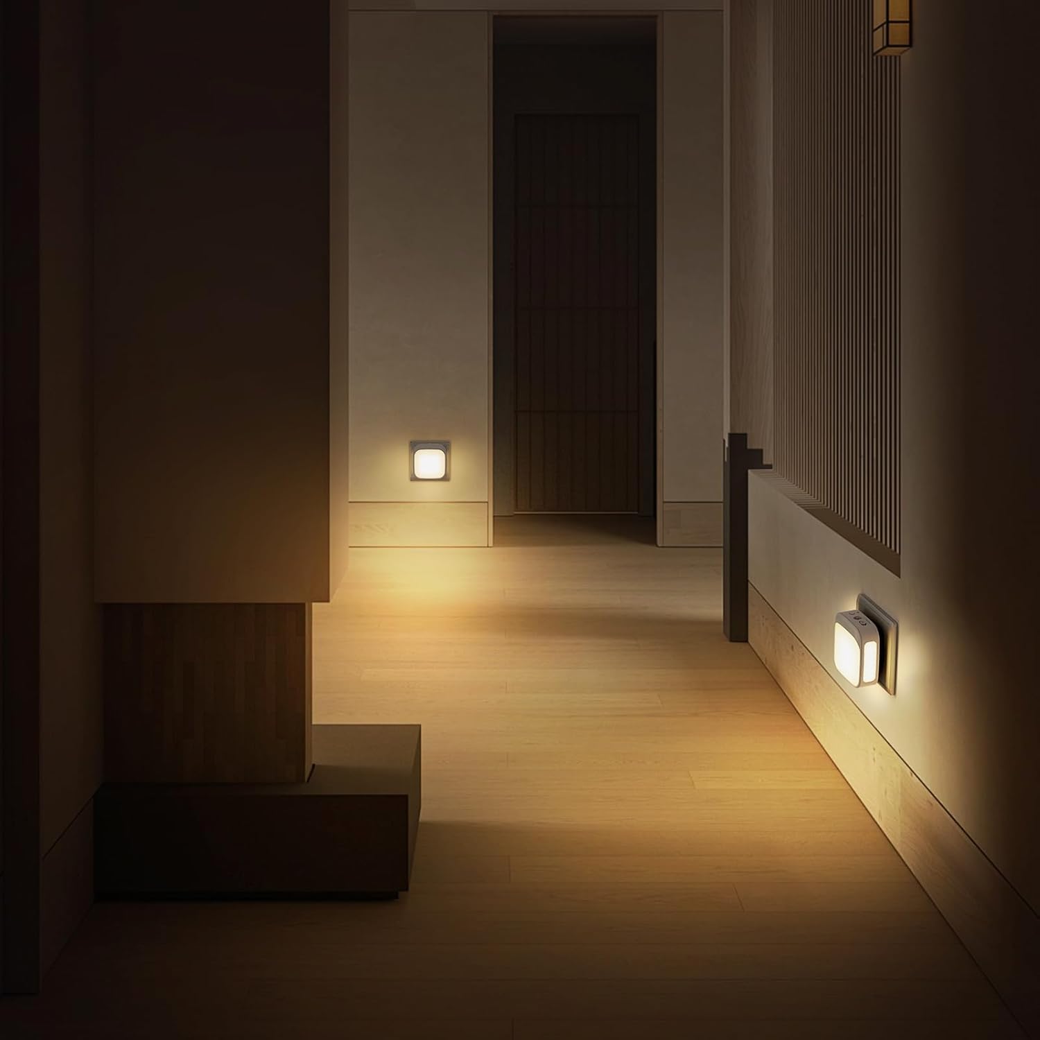 Lot de 2 veilleuses lumineuses avec capteur lumineux, économe en énergie, blanc chaud, éclairage dimmable continu, 0,3 W, 110-240 V, ABS et métal, pour chambre à bébé et couloir