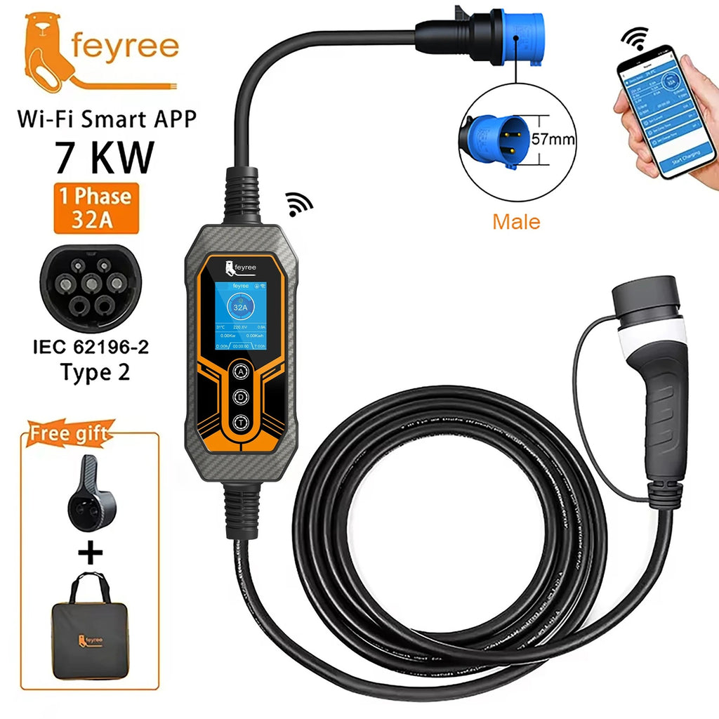 feyree Chargeur de voiture électrique portable type 2 EVSE, avec contrôle via application Wi‑Fi, courant réglable et charge intelligente - 32 A / 7 kW