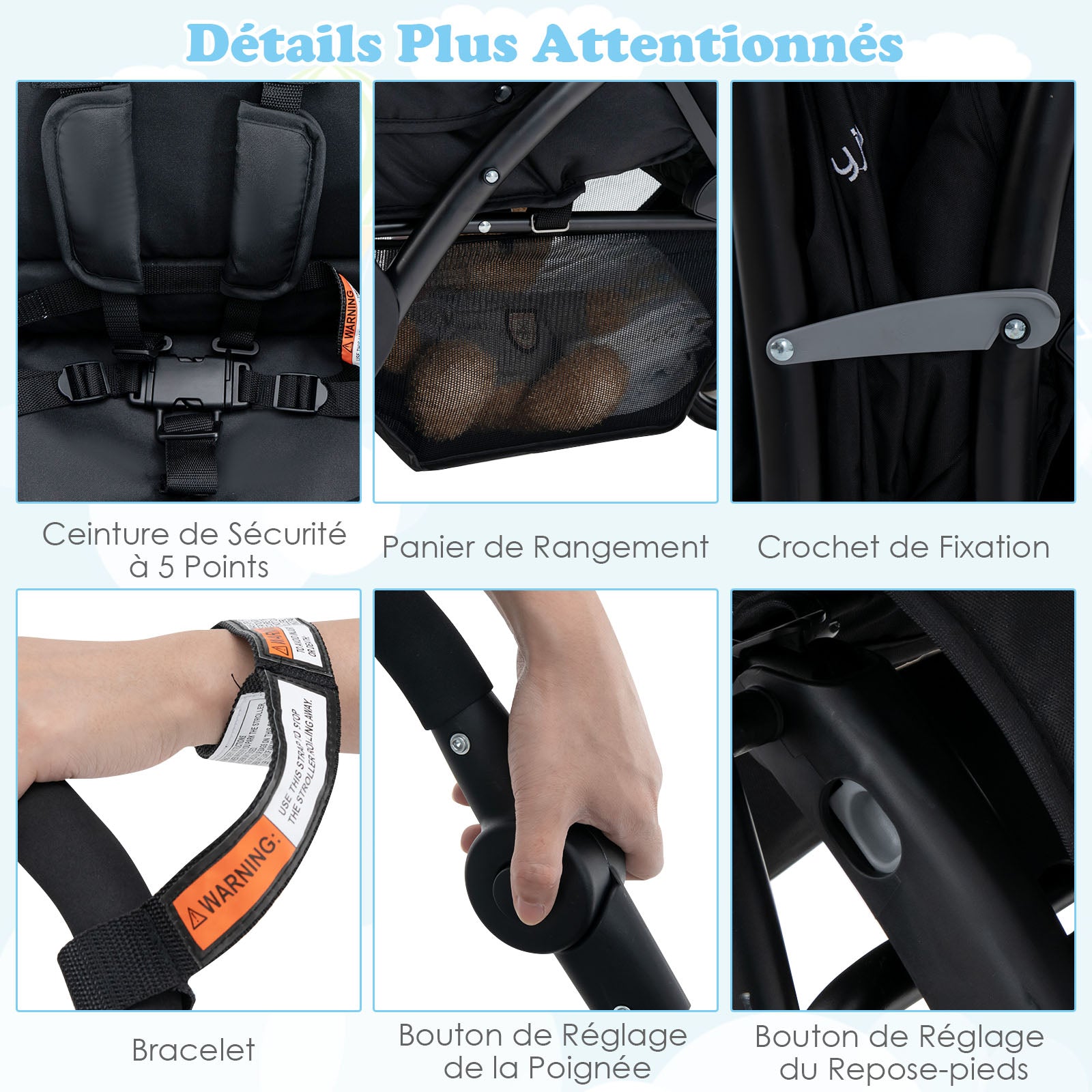Poussette jumelle pliable Sibling avec dossier réglable et pare-soleil, capacité de charge 30 kg, noir