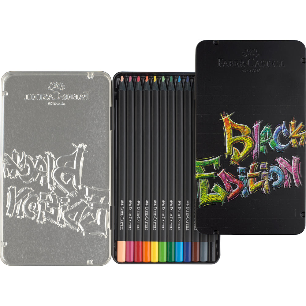 Faber-Castell Black Edition Lot de 12 crayons de couleur avec boîte en métal