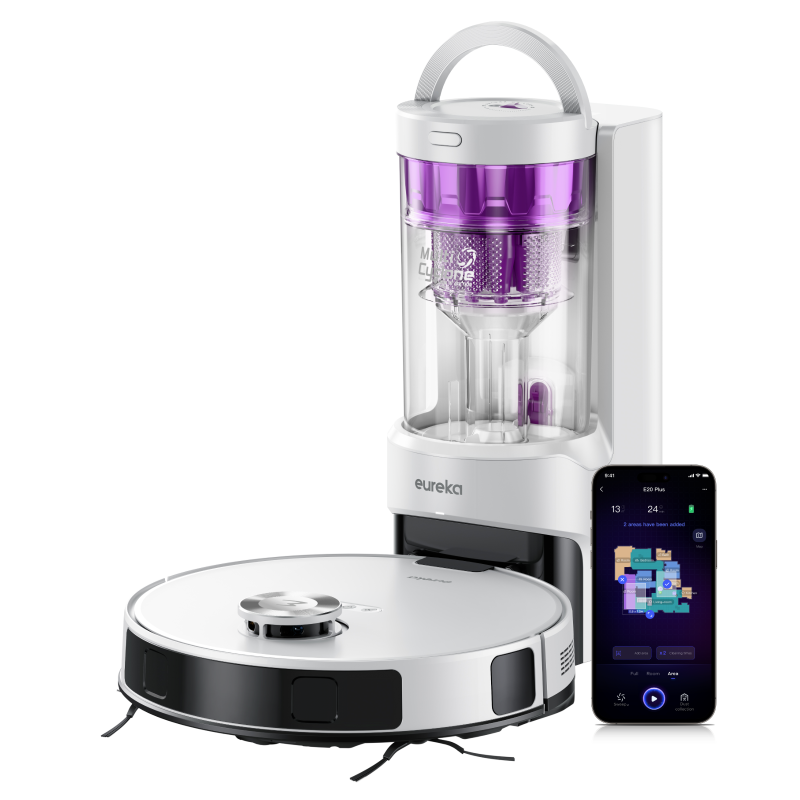 Eureka E20 Plus Aspirateur Robot avec Puissance d'Aspiration de 8000 Pa, Évitement d'Obstacles 3D IA DuoDetect, Brosse Anti-Emmêlement, Bac à Poussière 45 Jours
