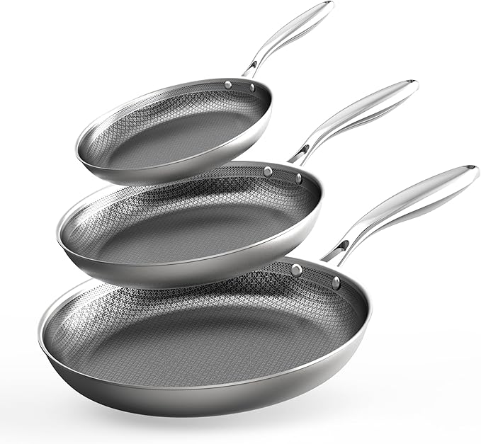 COOKER KING Lot de 3 poêles en acier inoxydable (8 + 10 + 12 pouces), poêles antiadhésives, compatible induction, poêle chef, passe au lave-vaisselle et au four, poignées isolantes, compatible avec tous types de plaques