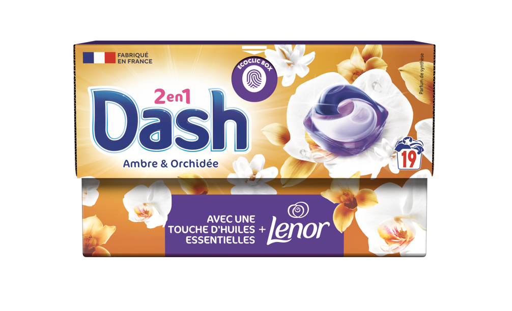 DASH Tablettes 2-en-1 Ambre et Orchidée, 19 doses