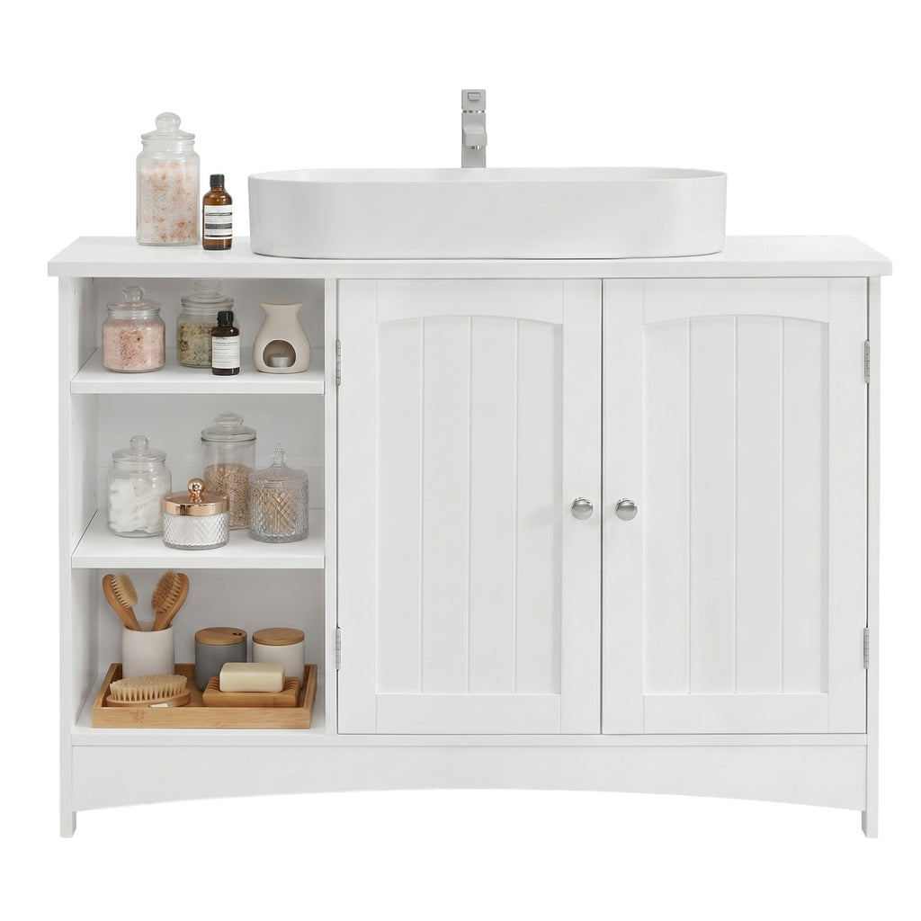 Ochama Meuble de salle de bain blanc réglable en hauteur, meuble sous-vasque extra long avec 2 portes, meuble de rangement pour salle de bain