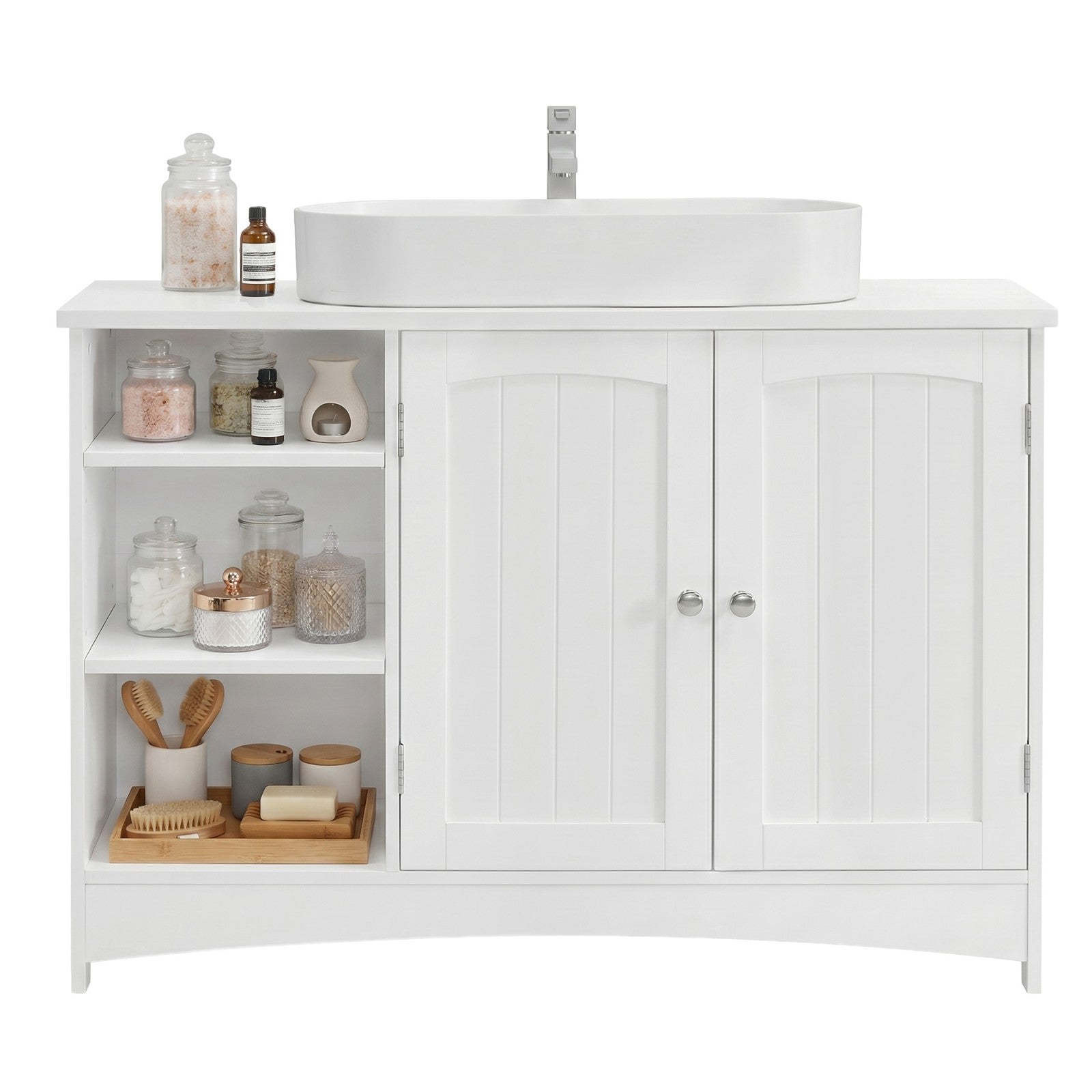 Ochama Meuble de salle de bain blanc réglable en hauteur, meuble sous-vasque extra long avec 2 portes, meuble de rangement pour salle de bain