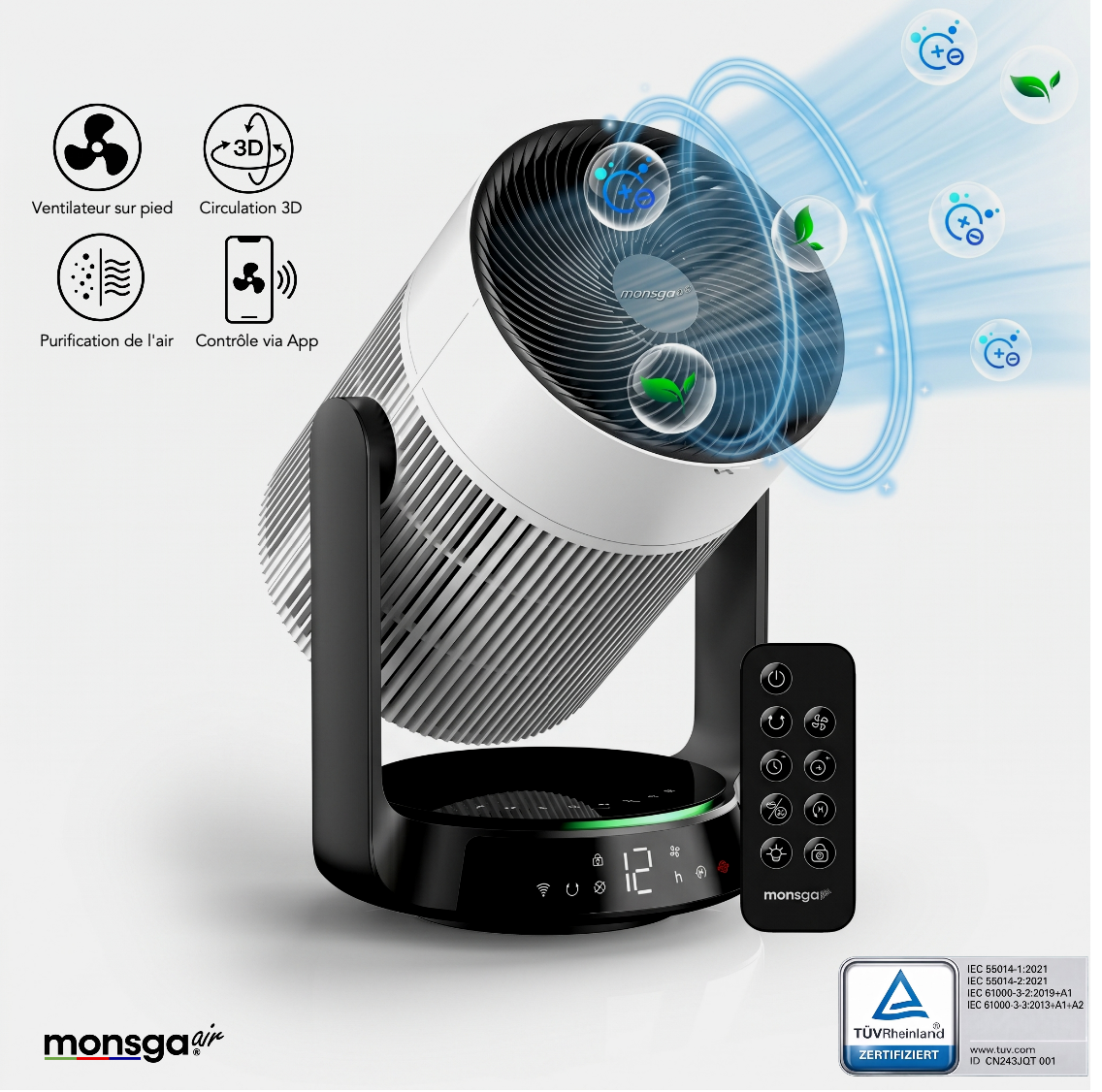 Monsga AP200 Ventilateur sur Pied 2-en-1 avec Purificateur d'air, Oscillation 360°, CADR 280 m³/h pour Allergies et PM2.5, Silencieux 25 dB, Télécommande et App, Refroidissement pièce entière