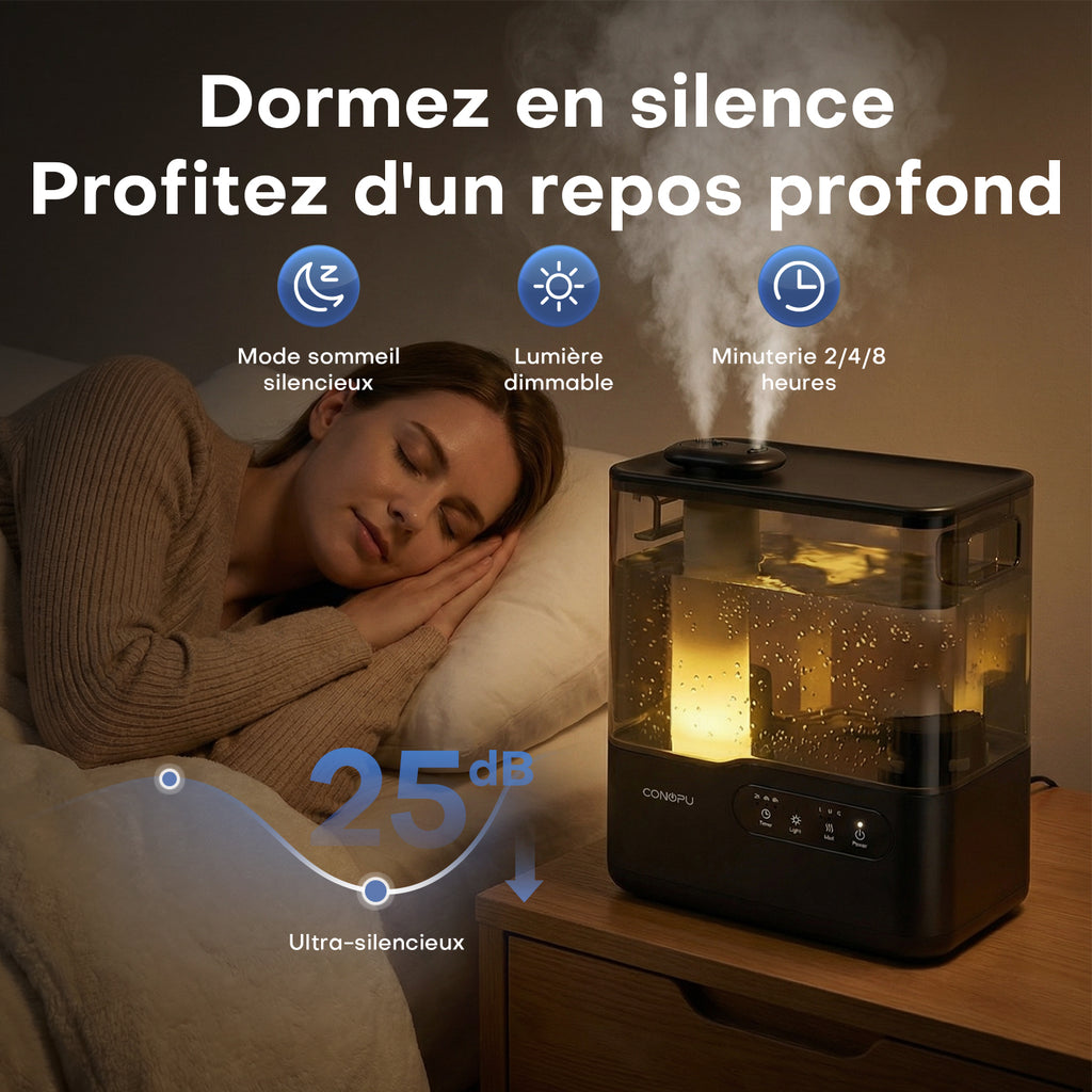 CONOPU Humidificateur ultrasonique 5 L à remplissage par le haut, double buse 360°, plateau d’aromathérapie et veilleuse à 7 couleurs, mode veille ultra silencieux, minuterie et arrêt automatique