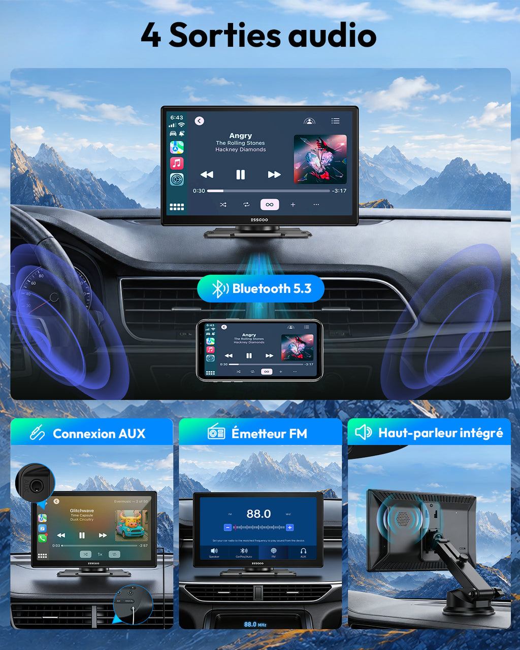 ESSGOO Écran intelligent automobile portable sans fil 9 pouces, CarPlay sans fil et Android Auto avec affichage fluide 60 i/s, Grand écran IPS HD 1024 x 600, Bluetooth, Wi-Fi