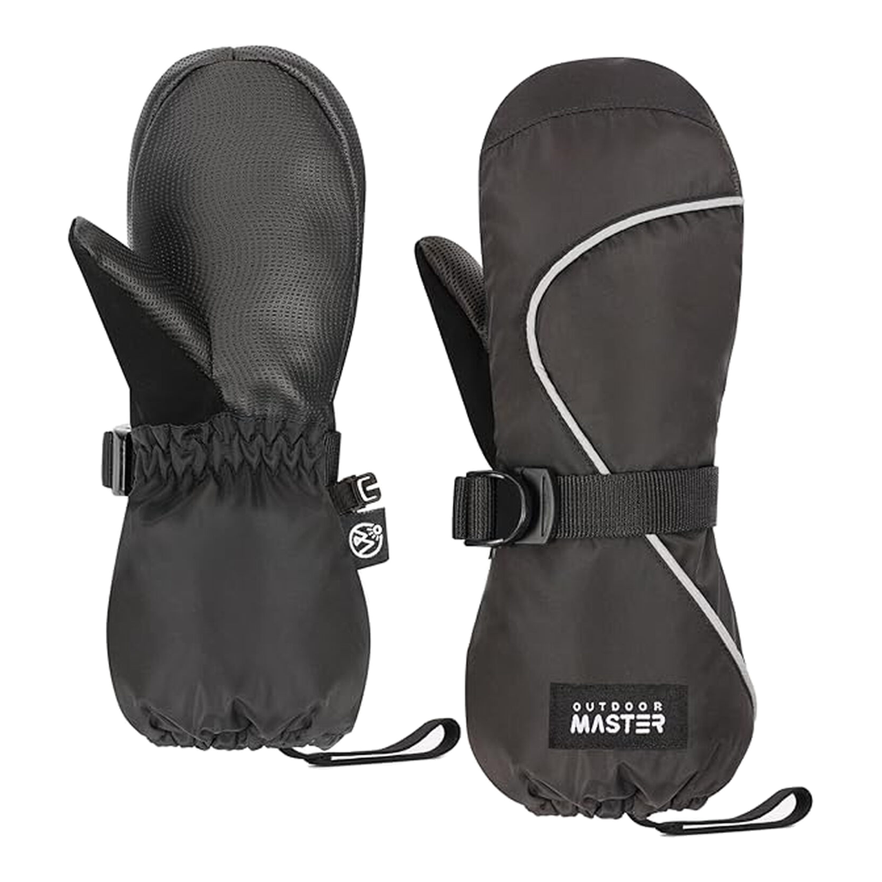 OutdoorMaster Moufles de ski pour enfants, moufles de neige thermiques imperméables d’hiver pour garçons et filles, ski, planche à neige, sports d’hiver noir taille M