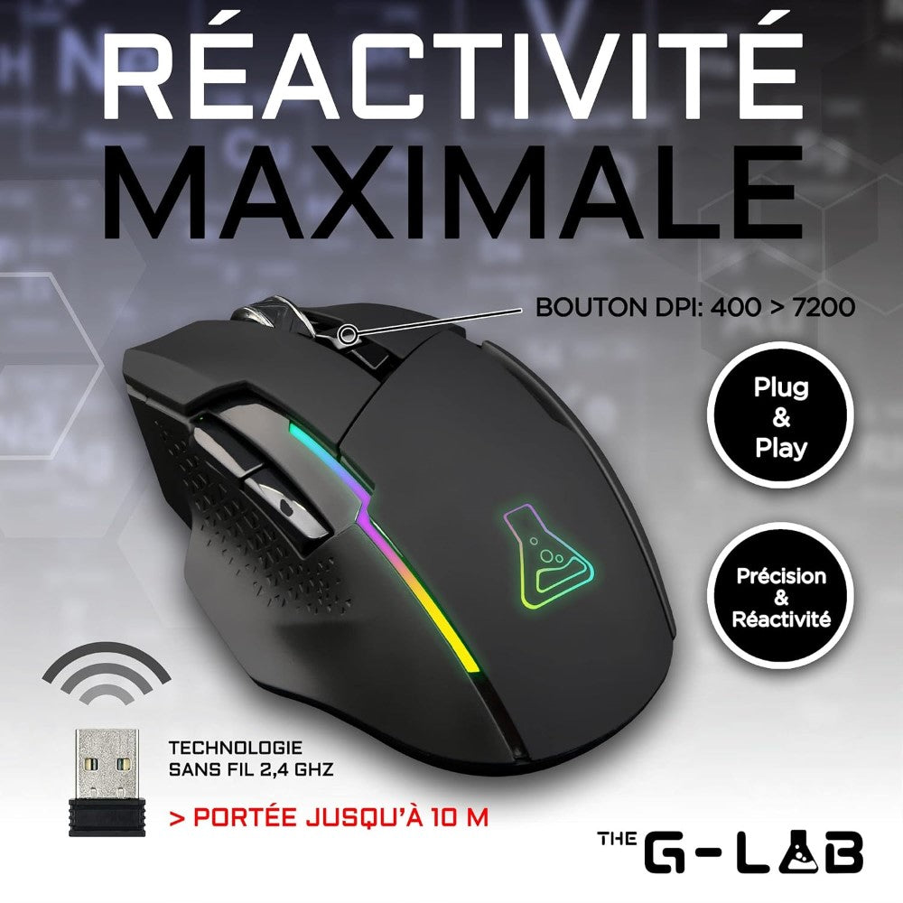 THE G-LAB Kult Caesium Souris gaming sans fil 7200 DPI, 6 boutons, Éclairage RGB, Noir
