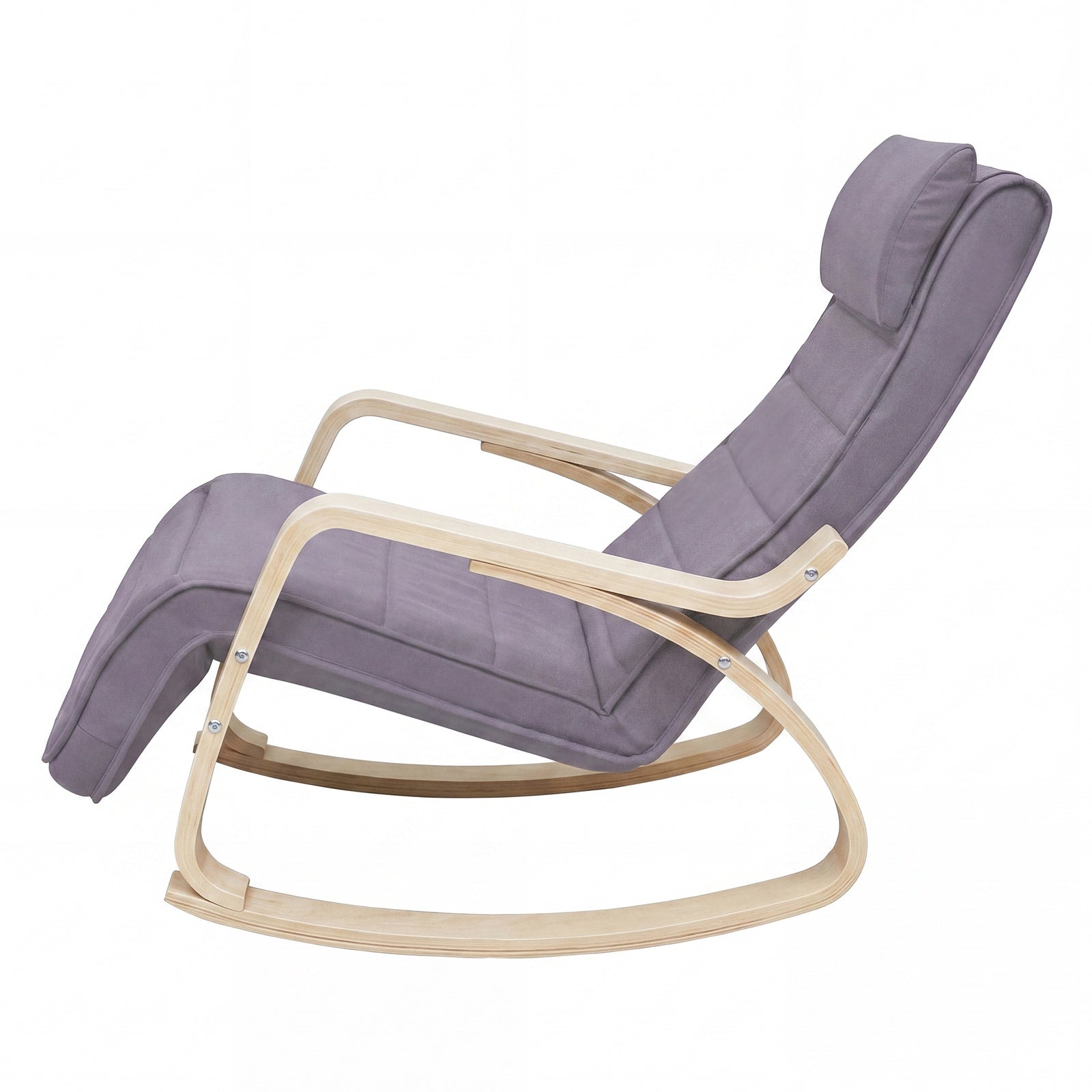 JOYFURNOS Fauteuil à bascule avec accoudoirs, Fauteuil lounge à bascule en bois de bouleau, Repose-pieds 5 positions réglables, Gris clair et Naturel