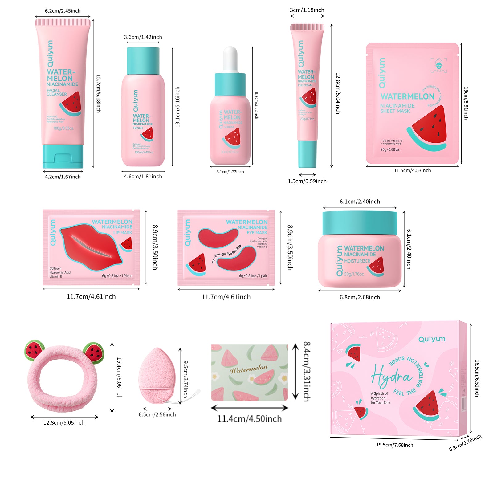 Quiyum Coffret de soins à la pastèque (13 pièces) - Nettoyant visage 100 g, lotion tonique 160 ml, sérum 30 ml, crème contour des yeux 20 g, crème visage 50 g