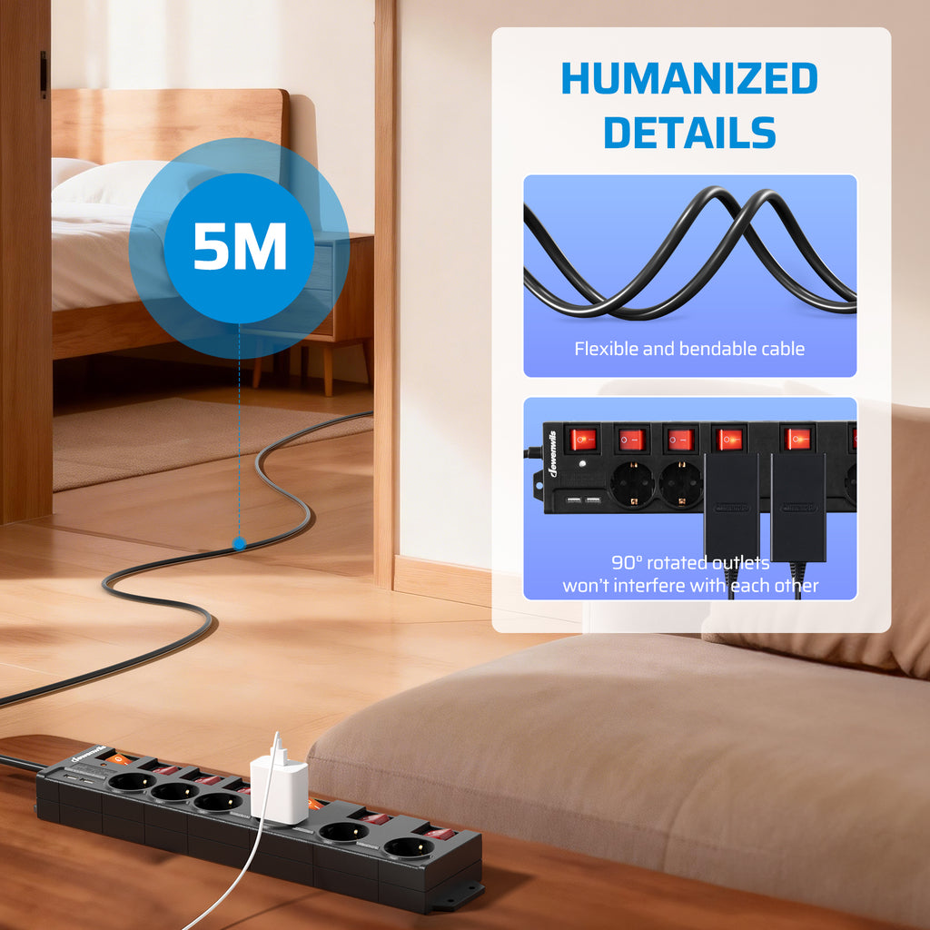 DEWENWILS Multiprise 6 prises avec USB, Interrupteurs individuels, Protection contre les surcharges, Sécurité enfant, Prises orientées à 90°, 5 m, Noir