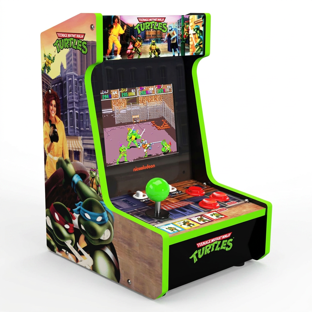 Arcade1Up Ninja Turtles Countercade Console de Table - sous Licence Officielle - Écran LCD 8 Pouces - Double Jeu Intégré - Panneau Lumineux Multicolore