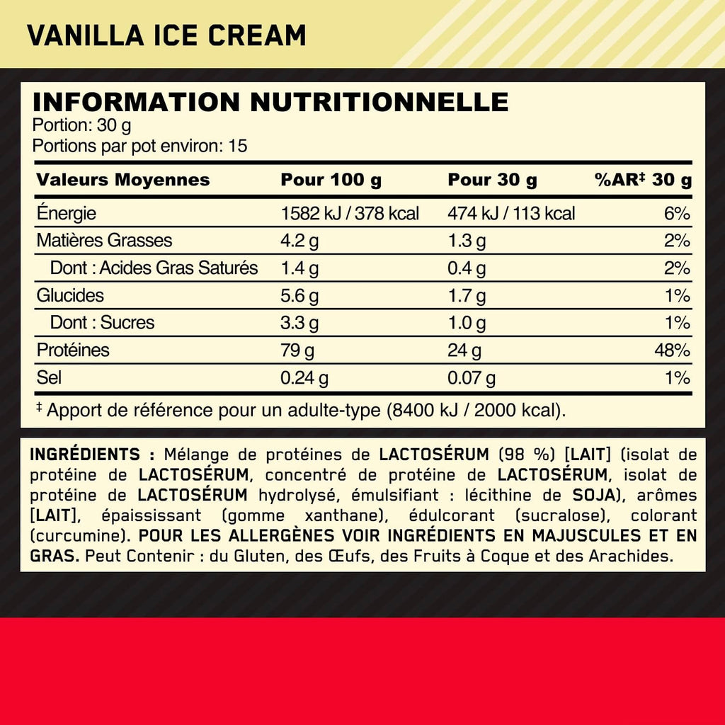 Optimum Nutrition Gold Standard 100 % Protéine de lactosérum Glace à la vanille 450 g (15 portions)
