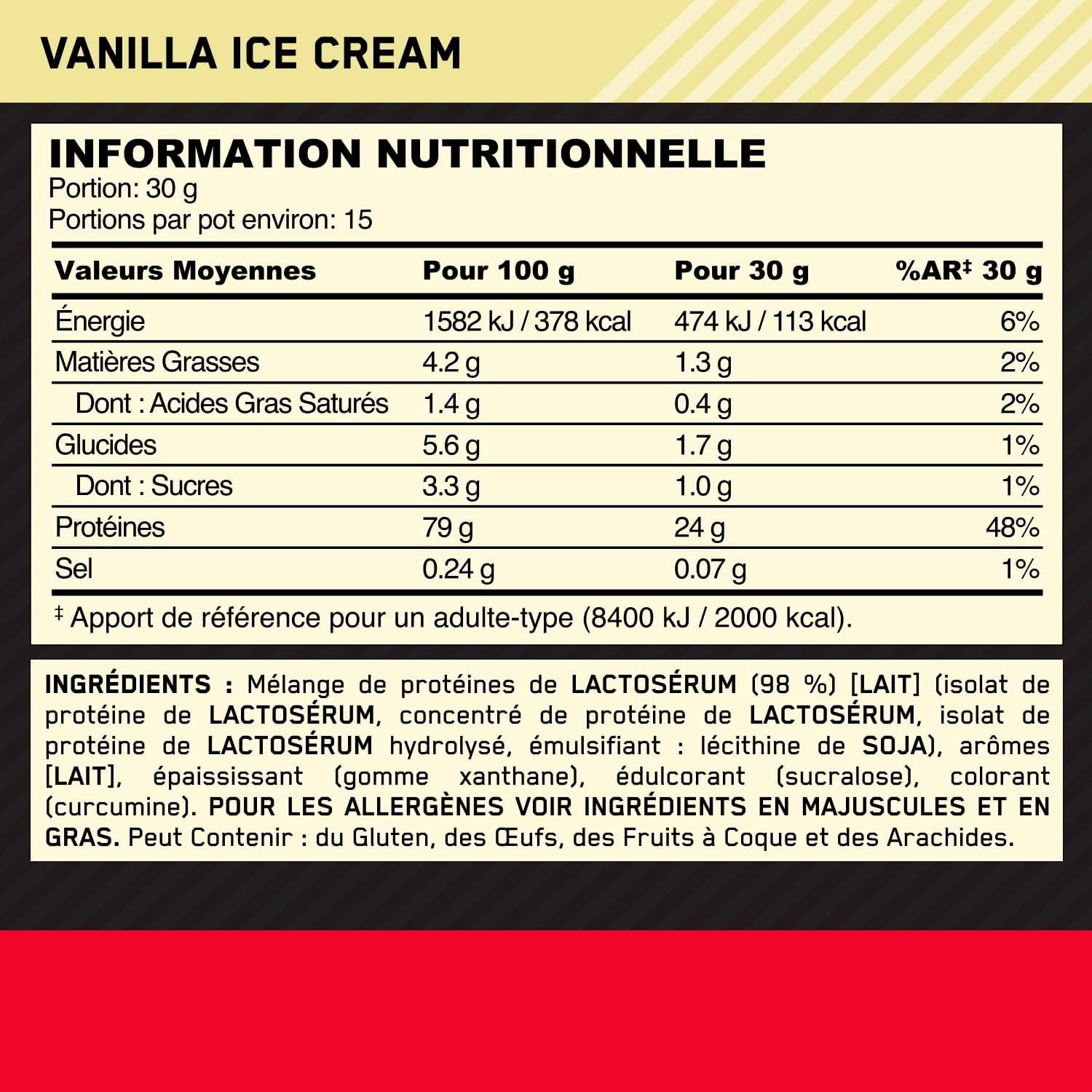 Optimum Nutrition Gold Standard 100 % Protéine de lactosérum Glace à la vanille 450 g (15 portions)