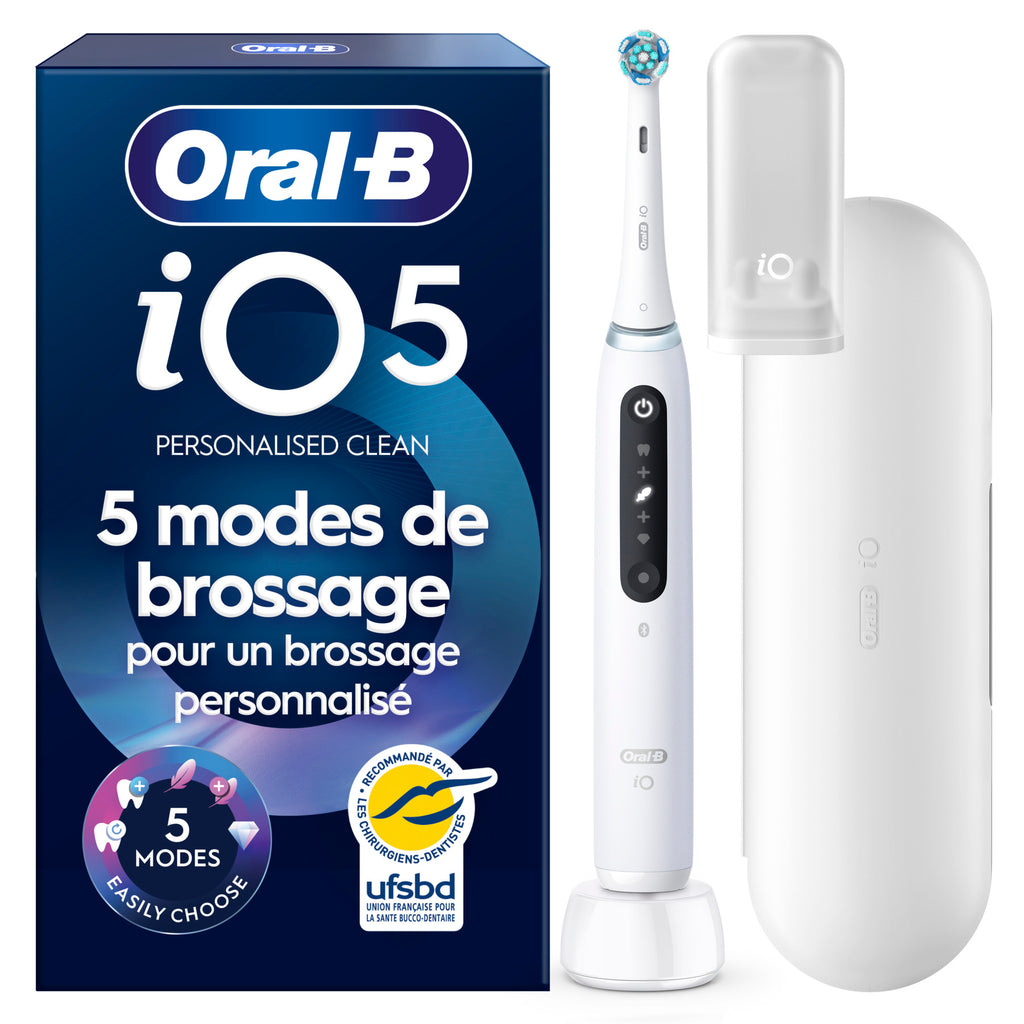 Oral-B iO 5N Brosse à dents électrique blanche, 1 tête de brosse, 1 étui de voyage