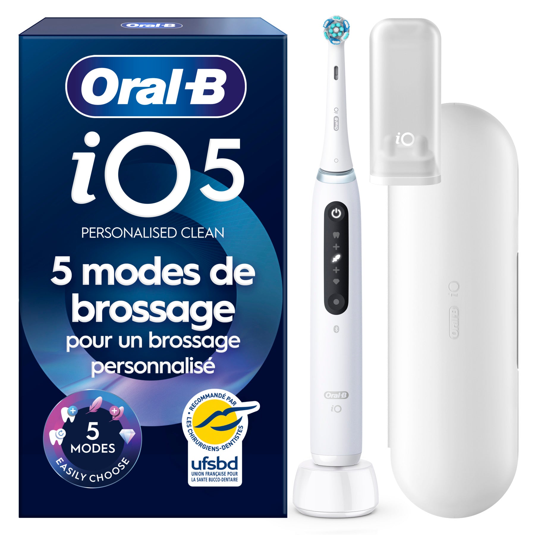 Oral-B iO 5N Brosse à dents électrique blanche, 1 tête de brosse, 1 étui de voyage