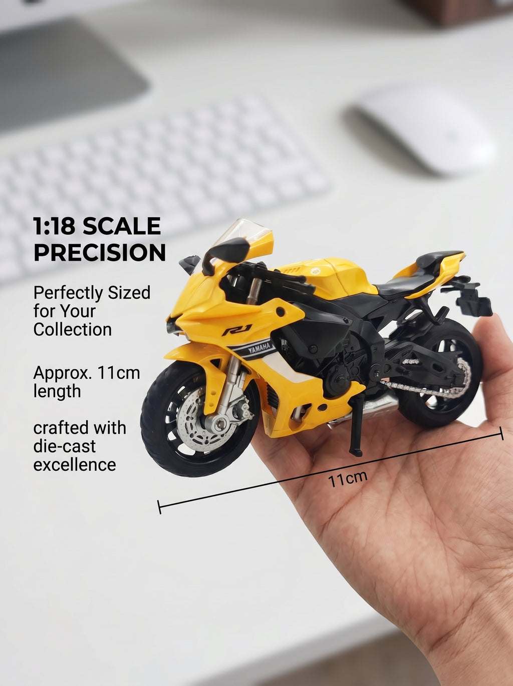 CCA 1:18 Moto modèle en métal coulé sous pression Yamaha YZF-R1 - Jaune, Suspension arrière fonctionnelle, Prêt à offrir, Détails réalistes, Parfait pour exposition sur bureau