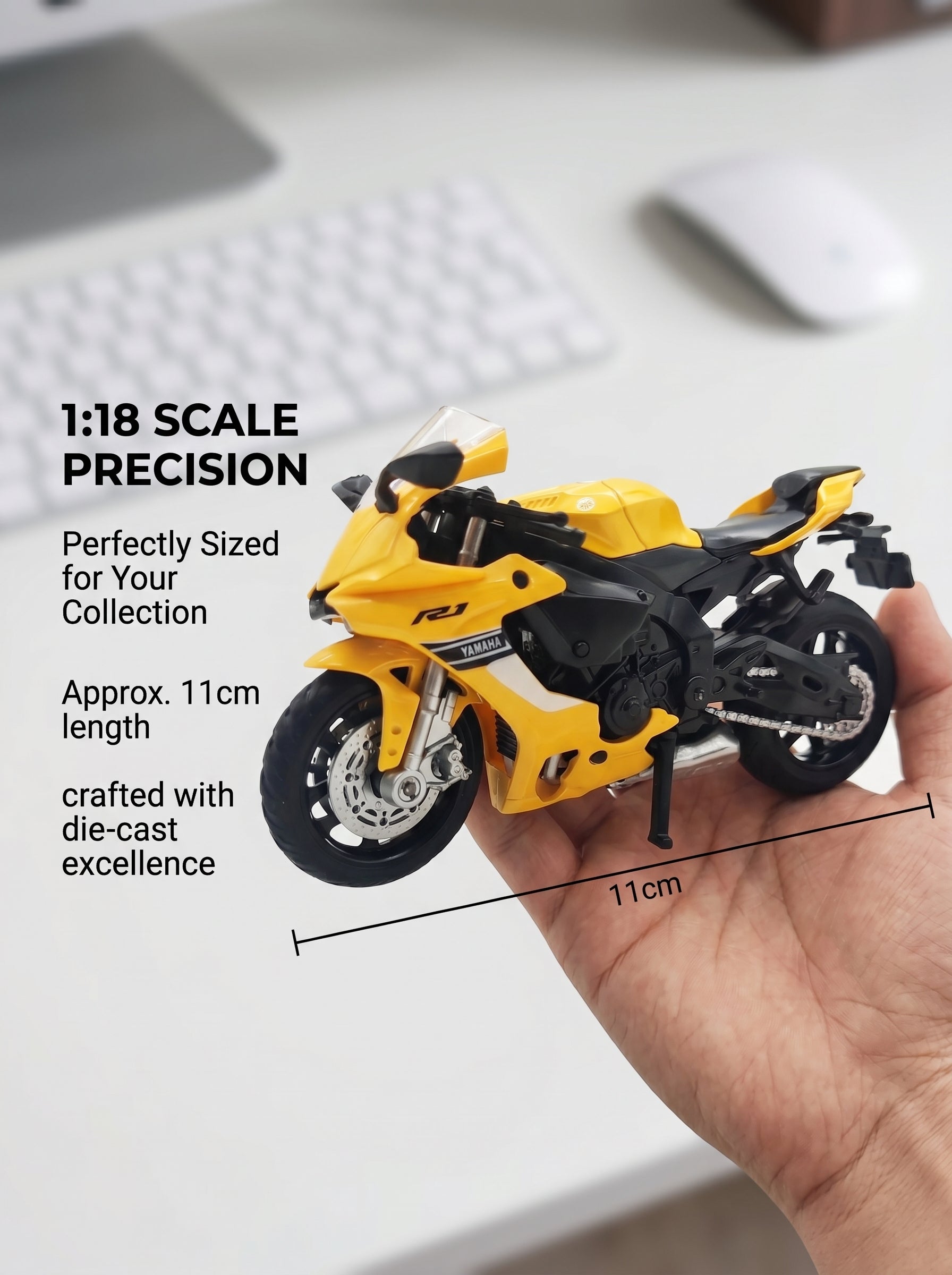 CCA 1:18 Moto modèle en métal coulé sous pression Yamaha YZF-R1 - Jaune, Suspension arrière fonctionnelle, Prêt à offrir, Détails réalistes, Parfait pour exposition sur bureau