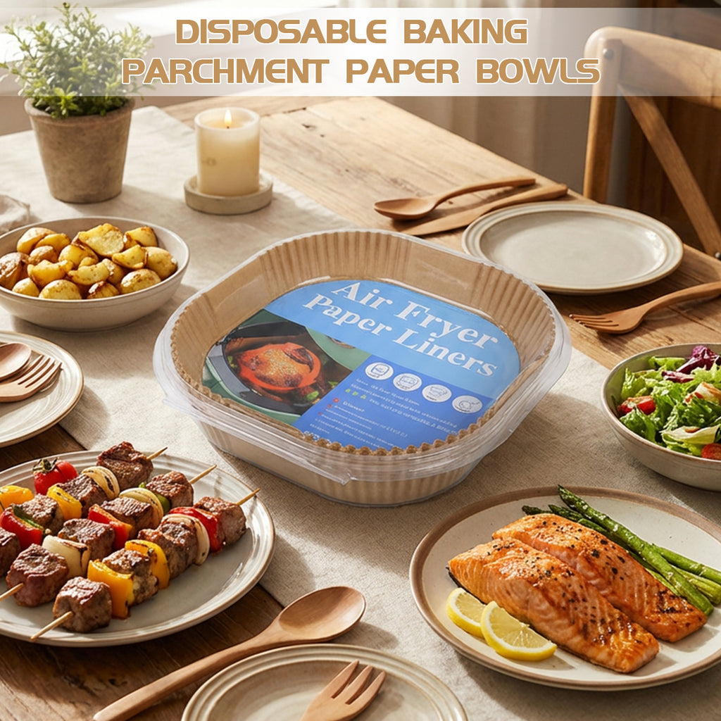 Feuilles de Papier Cuisson pour Friteuse à Air, Carrés Antiadhésifs Prédécoupés pour un Nettoyage Facile, Inserts Jetables pour Cuisson Sans Salissures – Lot de 100 pièces 20×20×4,5cm