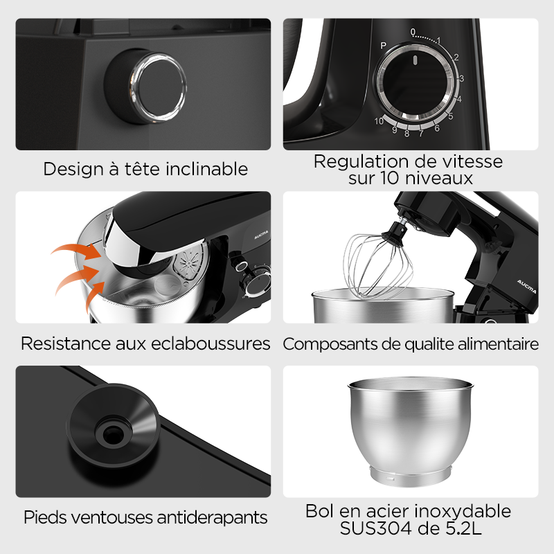 AUCMA Robot pâtissier 5 L 10 vitesses Tête inclinable 3-en-1 avec bol, crochet pétrisseur, fouet et batteur, moteur AC 400 W cuivre pur pour pâtisserie, gâteaux, pain, pizza