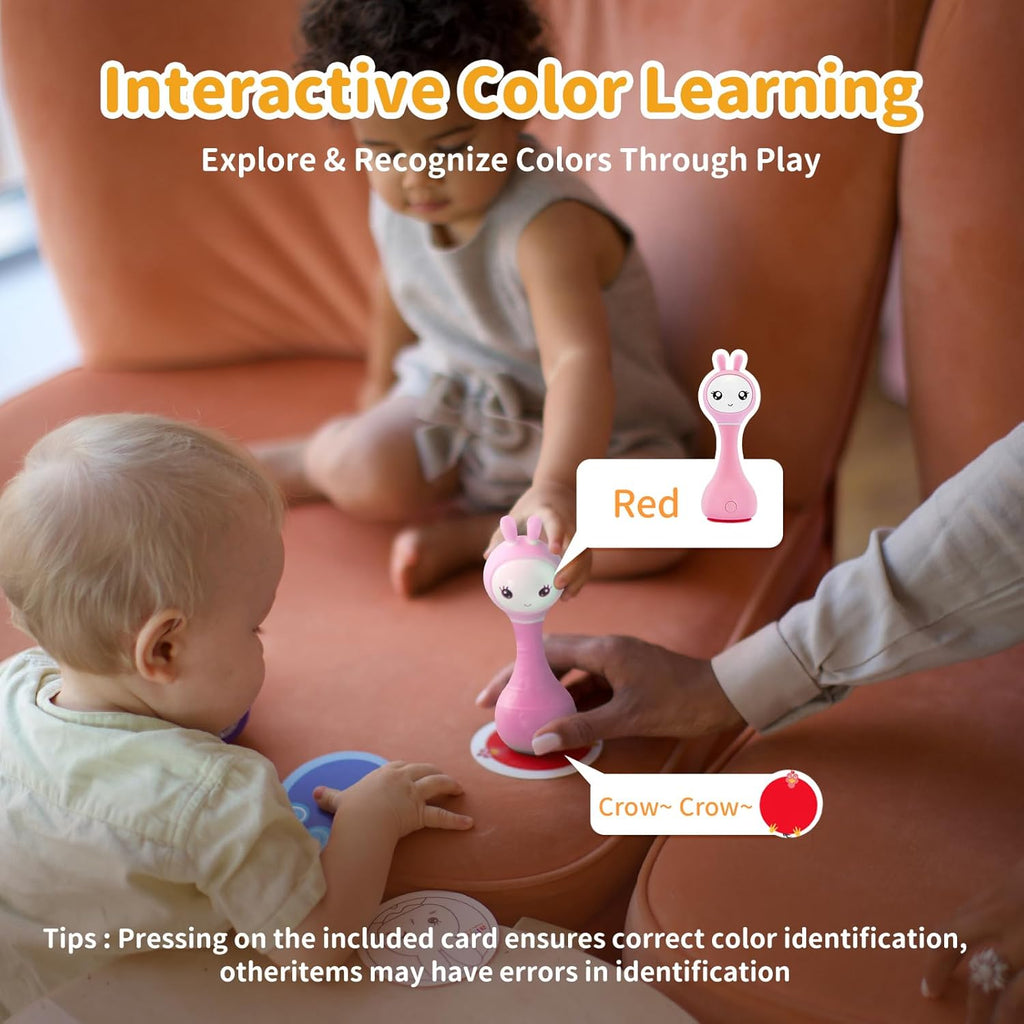alilo Smarty Bunny Hochet Bébé Jouets Musiques Lumineux pour Bébés 0+ Mois Cadeaux pour Filles, 5 Modes Musiques et Fonction de Reconnaissance des Couleurs avec 9 Cartes de Couleurs, Rose