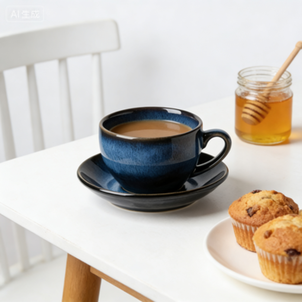 YumiPLUS Mug à café bleu rétro avec soucoupe, lot de 1