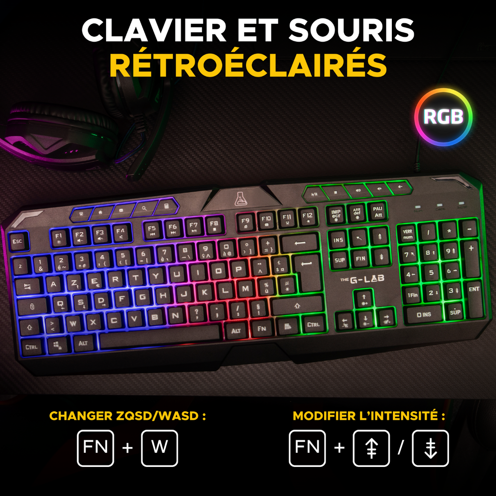 THE G-LAB Combo Argon E Combo Set Clavier et Souris Gaming Filaire - AZERTY, 3200 DPI, 6 Boutons - Noir