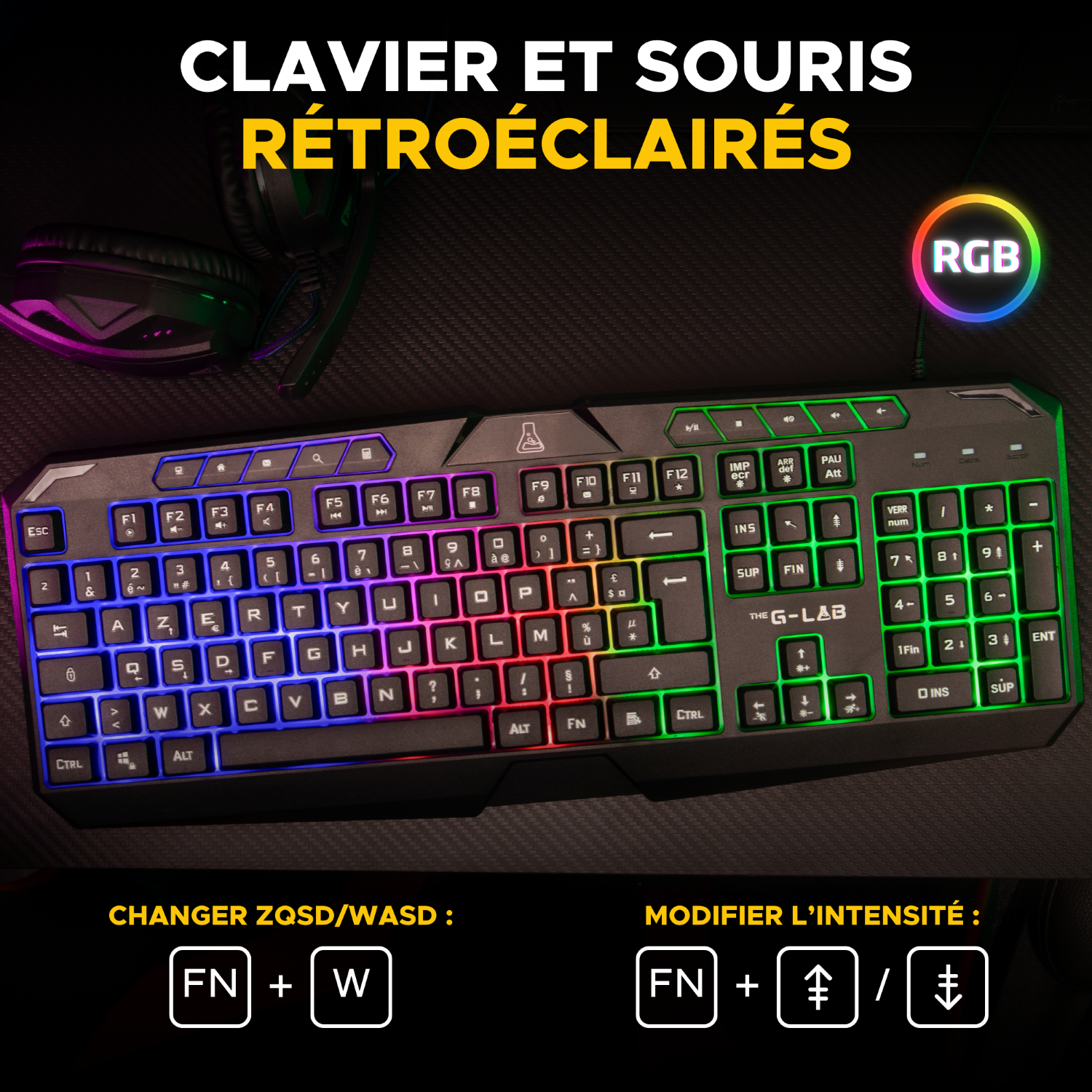 THE G-LAB Combo Argon E Combo Set Clavier et Souris Gaming Filaire - AZERTY, 3200 DPI, 6 Boutons - Noir