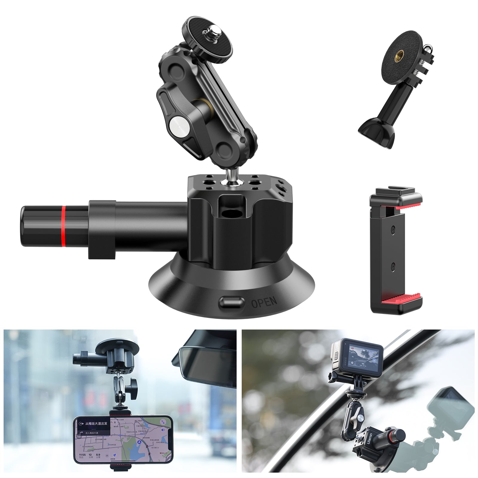 ULANZI SC-01 Support à ventouse pour appareil photo avec clip universel, boule double tête 360°, vis 1/4 pouce