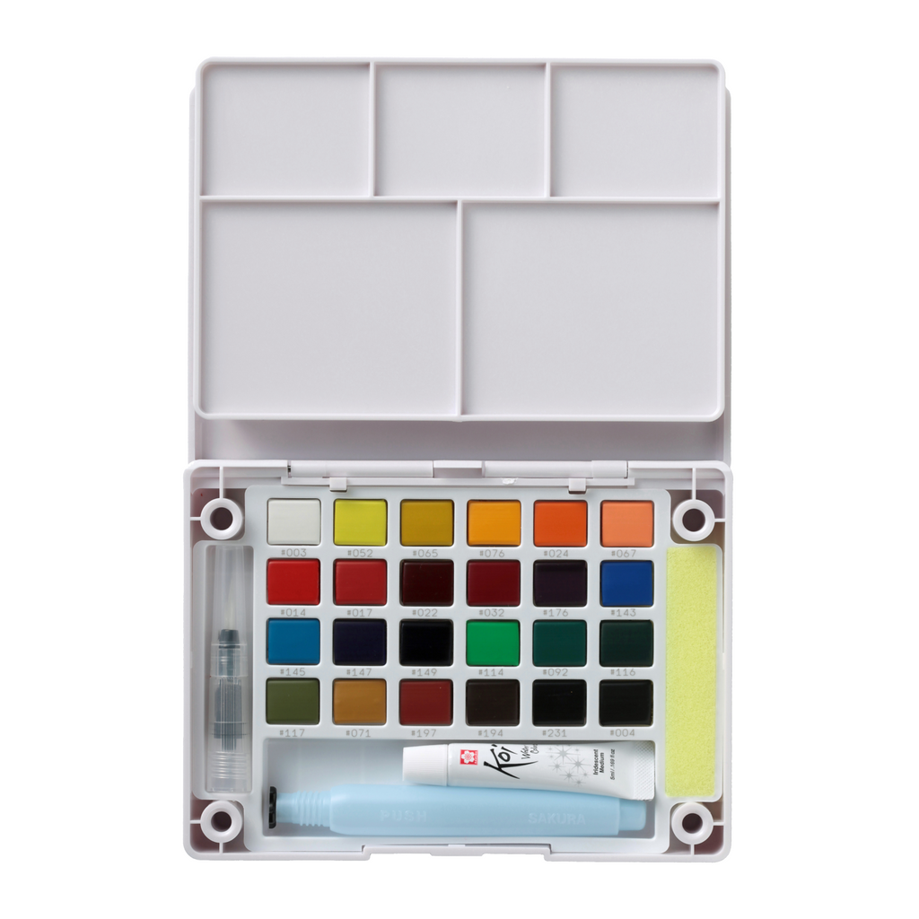 Set d'aquarelles SAKURA Koi, boîte de croquis de poche | 24 demi-godets + médium irisé