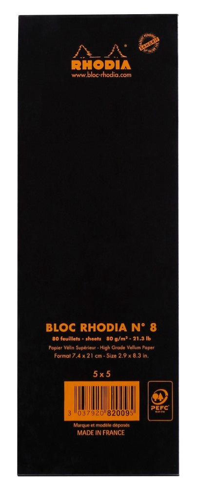 CLAIREFONTAINE Bloc agrafé Rhodia BLACK N°8 7,4x21 cm 80 feuillets petits carreaux 5x5 80 g